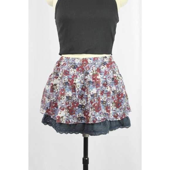 ABERCROMBIE & FITCH Maroon Navy Floral 100% Silk Lace Eyelet Mini Skirt, Size S - Picture 3 of 14